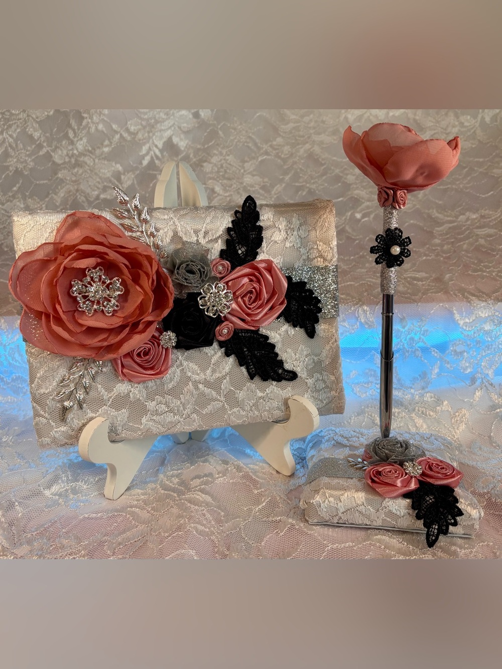 🌸 Blush, Silver and Black Guest Book and Pen Set
